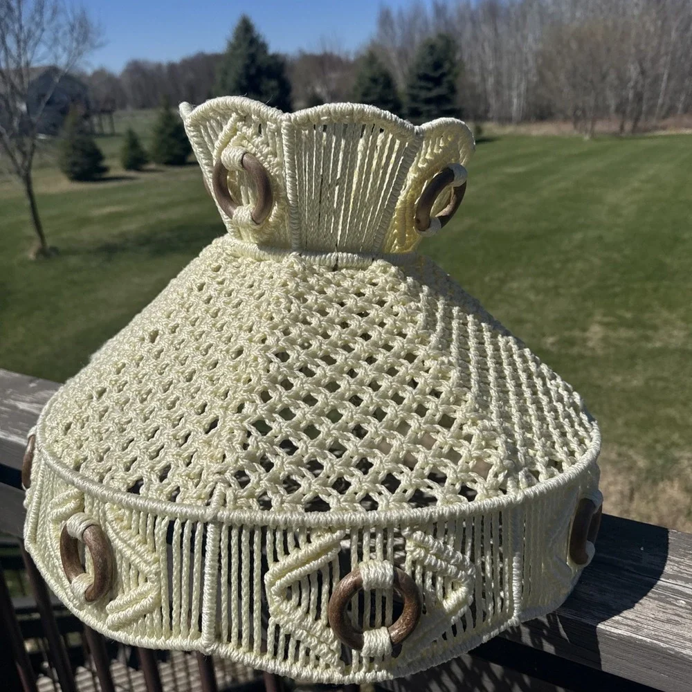 Large Vintage Macrame Hanging Swag Lamp Shade Only Ivory Wood 70s Boho Handmade